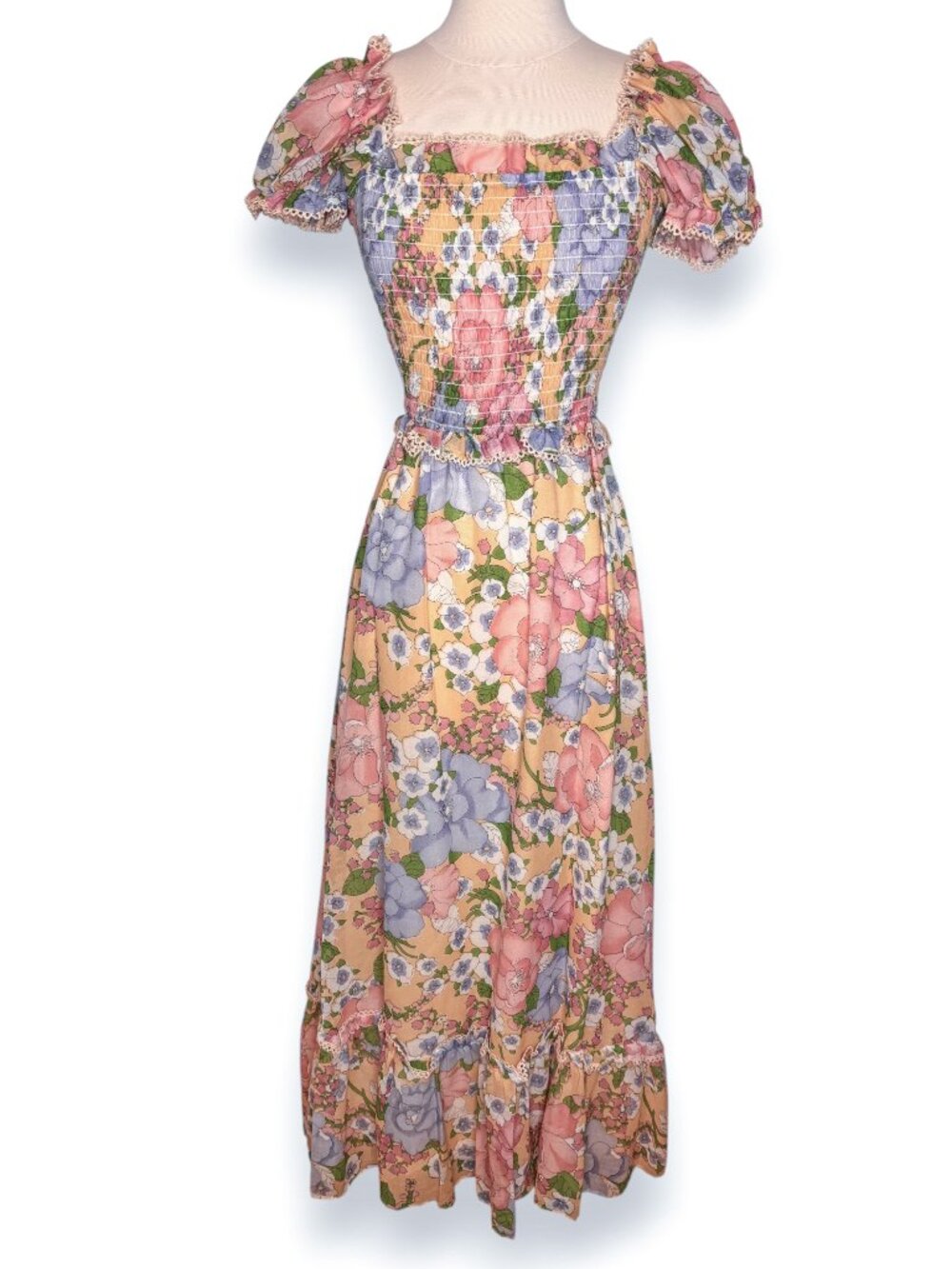 Vintage 70s Floral Short Sleeve Prairie Cottagecore Union Tag Dress Size 9